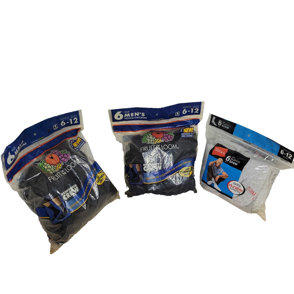 Vintage Hanes Fruit of the Loom Socks Mens Sz 6-12 Black Gray Cushioned Crew NWT - Picture 1 of 13